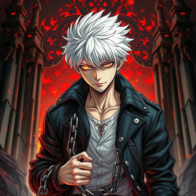 A captivating manga light novel cover featuring a striking male character with shaggy white hair, his piercing flaming eye conveying intensity and emotion