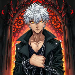 A captivating manga light novel cover featuring a striking male character with shaggy white hair, his piercing flaming eye conveying intensity and emotion