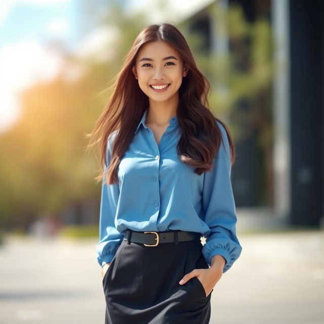 A young woman standing confidently, wearing a stylish blue blouse and a chic black skirt