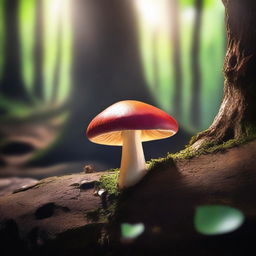 An image showcasing a vibrant mushroom, growing on the rough bark of a tree nestled within an obscure cave