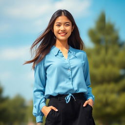 A young woman standing confidently, wearing a stylish blue blouse and a chic black skirt