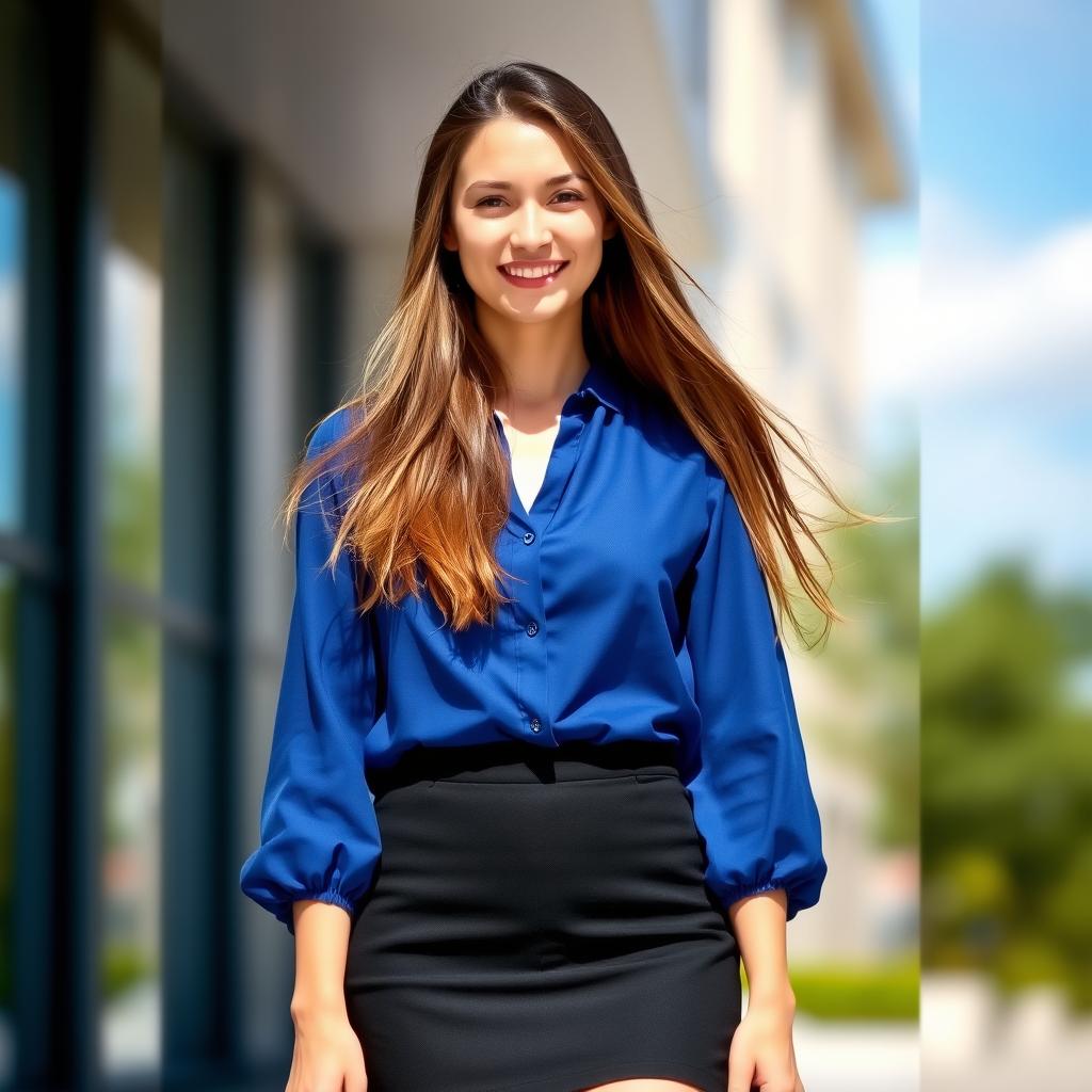 A young woman standing confidently, wearing a stylish blue blouse and a chic black skirt