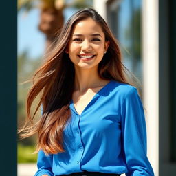 A young woman standing confidently, wearing a stylish blue blouse and a chic black skirt