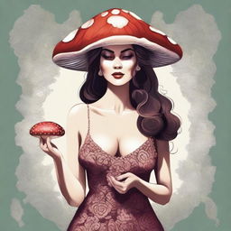 A digital art of a stunning woman adorned in a low-cut dress, holding a mushroom delicately in her hands