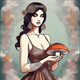 A digital art of a stunning woman adorned in a low-cut dress, holding a mushroom delicately in her hands