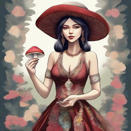 A digital art of a stunning woman adorned in a low-cut dress, holding a mushroom delicately in her hands