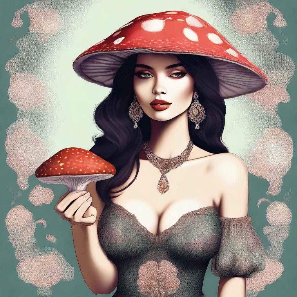 A digital art of a stunning woman adorned in a low-cut dress, holding a mushroom delicately in her hands