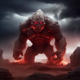 A larger, more intimidating stone golem with glowing red eyes and jagged, sharp features, surrounded by lightning in a stormy, desolate landscape.