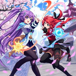 A vibrant anime-style illustration featuring a dynamic scene of two female characters engaged in a playful duel with magical powers