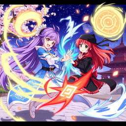 A vibrant anime-style illustration featuring a dynamic scene of two female characters engaged in a playful duel with magical powers