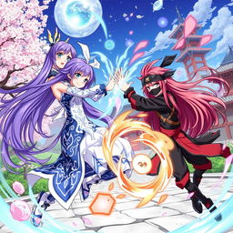 A vibrant anime-style illustration featuring a dynamic scene of two female characters engaged in a playful duel with magical powers