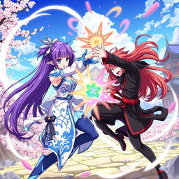 A vibrant anime-style illustration featuring a dynamic scene of two female characters engaged in a playful duel with magical powers