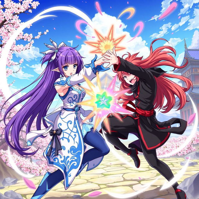 A vibrant anime-style illustration featuring a dynamic scene of two female characters engaged in a playful duel with magical powers