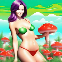 A high-quality digital art depicting an attractive woman in a microbikini, holding a mushroom