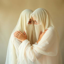 An intimate scene depicting two figures wearing beautiful veils, embracing each other gently