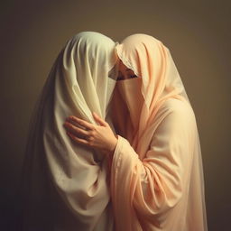 An intimate scene depicting two figures wearing beautiful veils, embracing each other gently