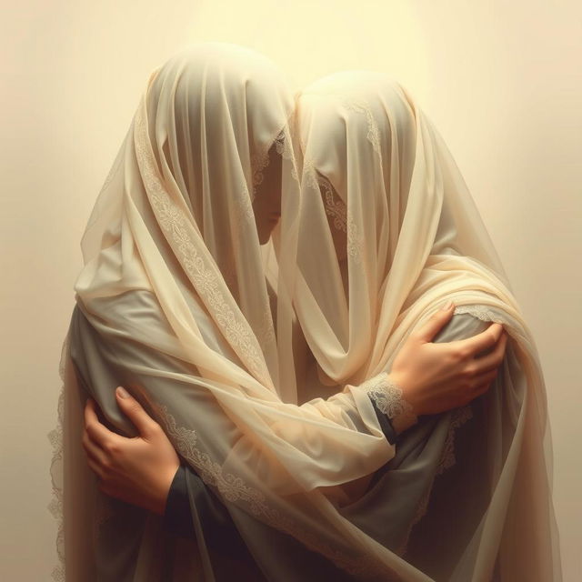 An intimate scene depicting two figures wearing beautiful veils, embracing each other gently