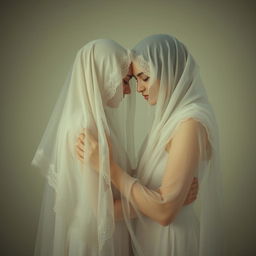 An intimate scene depicting two figures wearing beautiful veils, embracing each other gently