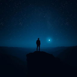 A solitary figure standing on a desolate cliff at nightfall, surrounded by a star-filled sky