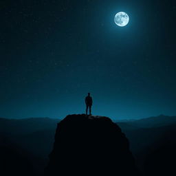 A solitary figure standing on a desolate cliff at nightfall, surrounded by a star-filled sky