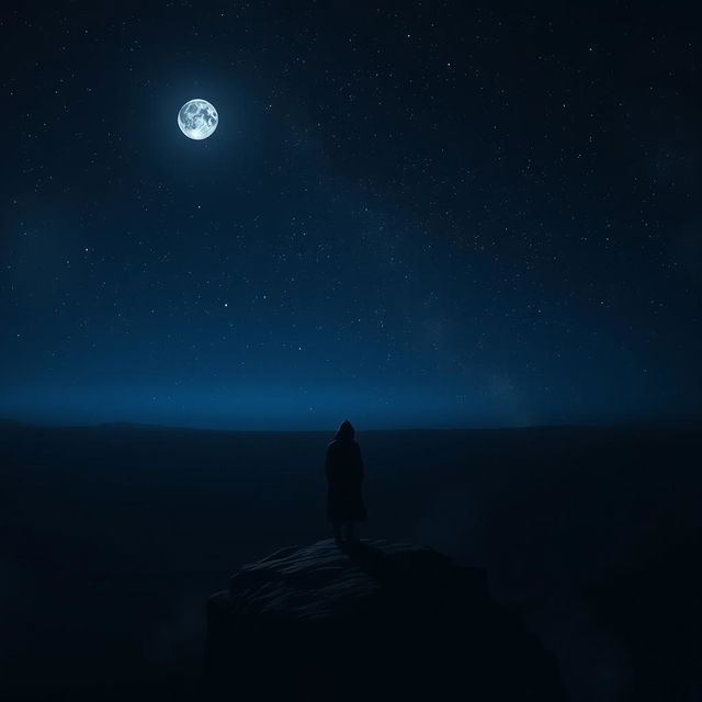 A solitary figure standing on a desolate cliff at nightfall, surrounded by a star-filled sky