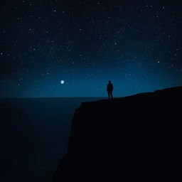 A solitary figure standing on a desolate cliff at nightfall, surrounded by a star-filled sky