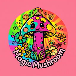 A vibrant and colorful logo featuring a whimsical, cartoon-style magic mushroom with a smiling face, surrounded by intricate psychedelic patterns and peace symbols