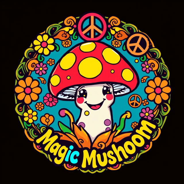 A vibrant and colorful logo featuring a whimsical, cartoon-style magic mushroom with a smiling face, surrounded by intricate psychedelic patterns and peace symbols