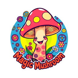 A vibrant and colorful logo featuring a whimsical, cartoon-style magic mushroom with a smiling face, surrounded by intricate psychedelic patterns and peace symbols