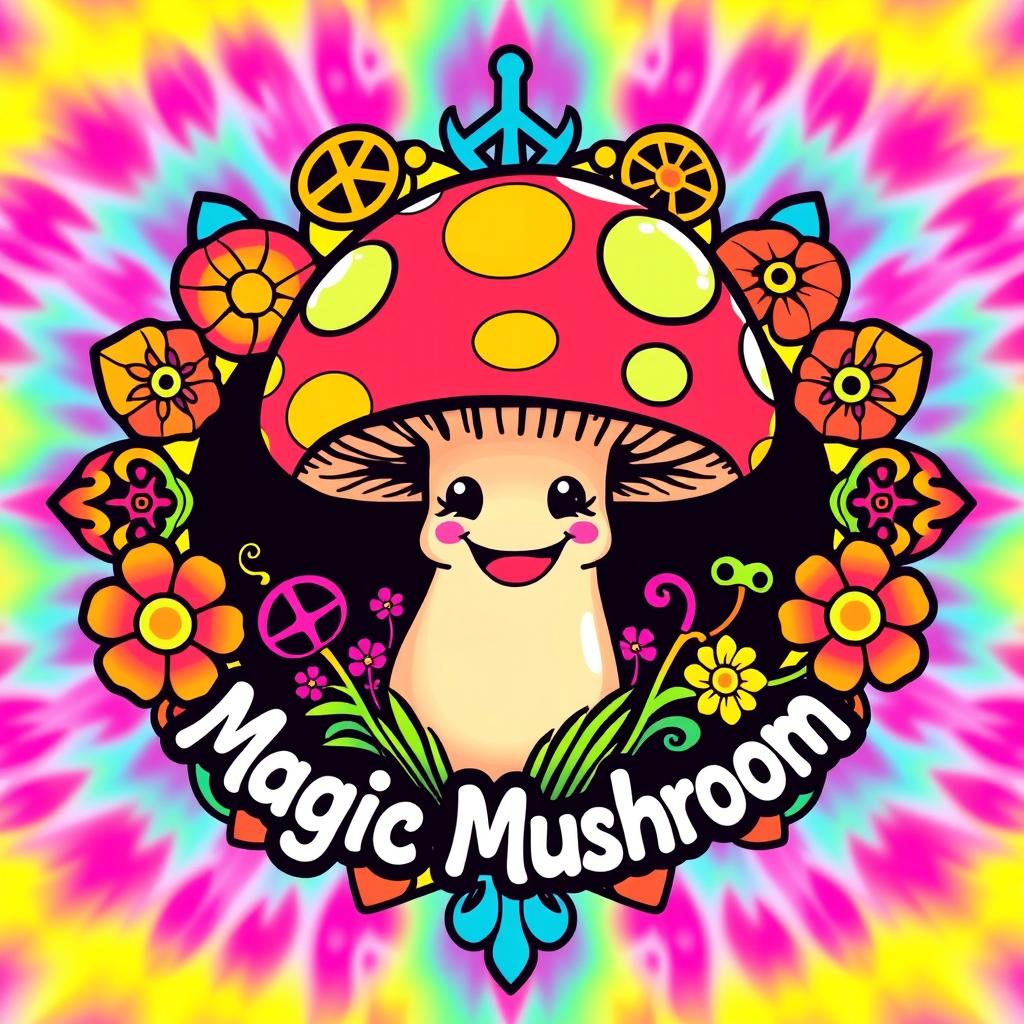 A vibrant and colorful logo featuring a whimsical, cartoon-style magic mushroom with a smiling face, surrounded by intricate psychedelic patterns and peace symbols