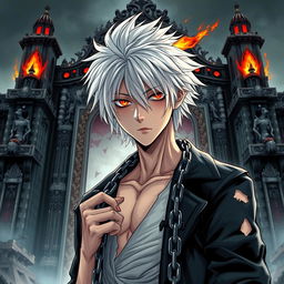 An eye-catching manga light novel cover featuring a male character with shaggy white hair and a striking flaming eye that radiates intensity