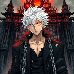 An eye-catching manga light novel cover featuring a male character with shaggy white hair and a striking flaming eye that radiates intensity