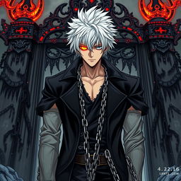 An eye-catching manga light novel cover featuring a male character with shaggy white hair and a striking flaming eye that radiates intensity