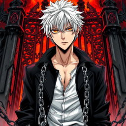 An eye-catching manga light novel cover featuring a male character with shaggy white hair and a striking flaming eye that radiates intensity