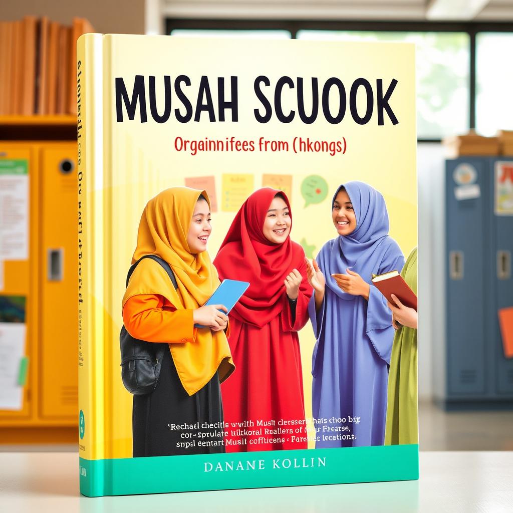 A vibrant book cover featuring several Muslim students engaged in lively conversation in a school environment