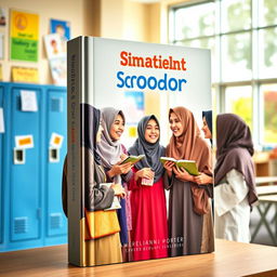 A vibrant book cover featuring several Muslim students engaged in lively conversation in a school environment