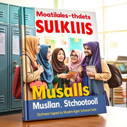 A vibrant book cover featuring several Muslim students engaged in lively conversation in a school environment