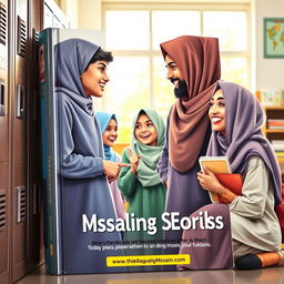 A vibrant book cover featuring several Muslim students engaged in lively conversation in a school environment