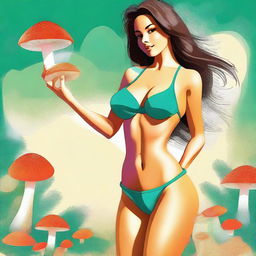 A digital art piece of a beautiful woman in a microbikini, showing a cameltoe, and holding a mushroom