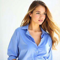 A young woman in an open blue blouse, casually draped to one side, revealing a hint of her side profile and one shoulder