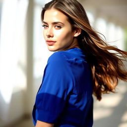 A young woman in an open blue blouse, casually draped to one side, revealing a hint of her side profile and one shoulder