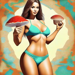 A digital art piece of a beautiful woman in a microbikini, showing a cameltoe, and holding a mushroom