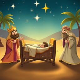 A whimsical scene of three kings dressed in elaborate, colorful robes approaching a humble crib where baby Jesus is lying
