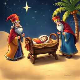 A whimsical scene of three kings dressed in elaborate, colorful robes approaching a humble crib where baby Jesus is lying