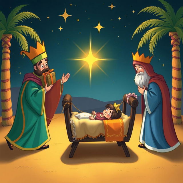 A whimsical scene of three kings dressed in elaborate, colorful robes approaching a humble crib where baby Jesus is lying