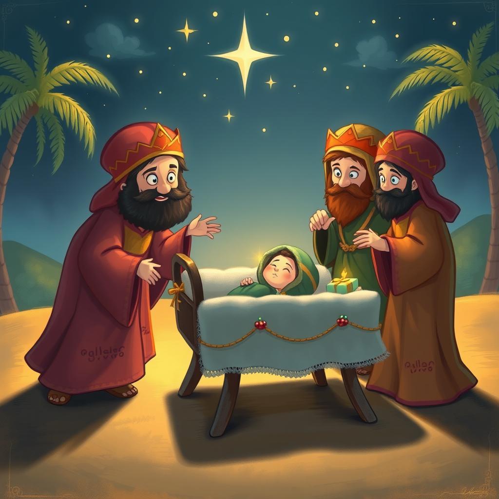 A whimsical scene of three kings dressed in elaborate, colorful robes approaching a humble crib where baby Jesus is lying