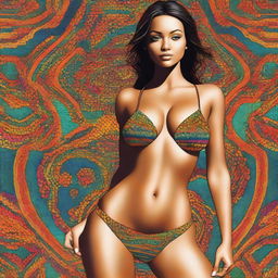 This is a digital art piece featuring a beautiful woman wearing a tight microbikini, emphasizing a cameltoe