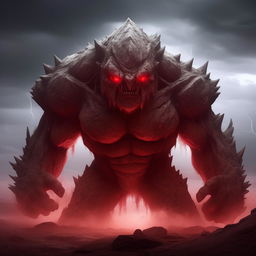 A larger, more intimidating stone golem with glowing red eyes and jagged, sharp features, surrounded by lightning in a stormy, desolate landscape.