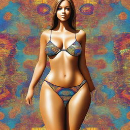 This is a digital art piece featuring a beautiful woman wearing a tight microbikini, emphasizing a cameltoe