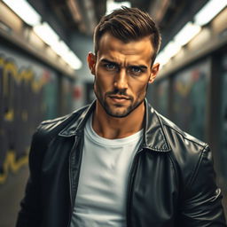 A portrait of a strong, confident man with a chiseled jawline and piercing blue eyes, standing in a powerful pose